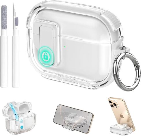حافظة شفافة لـ Airpods Pro 3، قفل آمن لجهاز Airpods pro الجيل الثالث مع حامل هاتف غير مرئي، منبثق تلقائي، تصميم حماية هجين مع حلقة تسلق وقلم تنظيف - أبيض in Kuwait