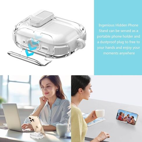 حافظة شفافة لـ Airpods Pro 3، قفل آمن لجهاز Airpods pro الجيل الثالث مع حامل هاتف غير مرئي، منبثق تلقائي، تصميم حماية هجين مع حلقة تسلق وقلم تنظيف - أبيض in Kuwait