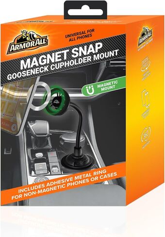 Armor All حامل هاتف مغناطيسي للسيارة، حامل هاتف حامل أكواب لهواتف MagSafe، iPhones، تصميم معقوفة قابل للتعديل، يتضمن حلقة مغناطيسية عالمية لهاتف Samsung، والهواتف غير المغناطيسية، والحافظات in Kuwait