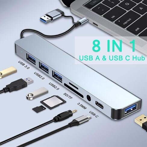 محول Docooler 8 في 2 USB A & USB C Hub Type-C متعدد المنافذ، USB 3.0 نقل سريع للبيانات SD TF قارئ بطاقة Type-C 3.5 مم صوت متوافق مع وحدة تحكم ألعاب الكمبيوتر المحمول والكمبيوتر المكتبي in Saudi Arabia