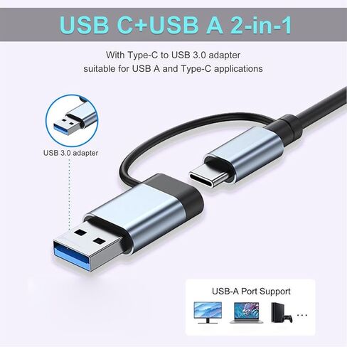 محول Docooler 8 في 2 USB A & USB C Hub Type-C متعدد المنافذ، USB 3.0 نقل سريع للبيانات SD TF قارئ بطاقة Type-C 3.5 مم صوت متوافق مع وحدة تحكم ألعاب الكمبيوتر المحمول والكمبيوتر المكتبي in Saudi Arabia
