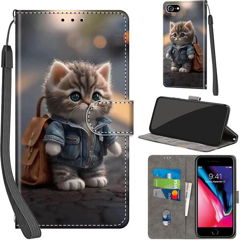 Case Wallet for iPhone 7 / iPhone 8 / SE (2020) / SE (2022), with [3 Card Slots], Kickstand Magnetic Closure PU Leather Shockproof Protective Flip Cover 4.7", Cat in Saudi Arabia