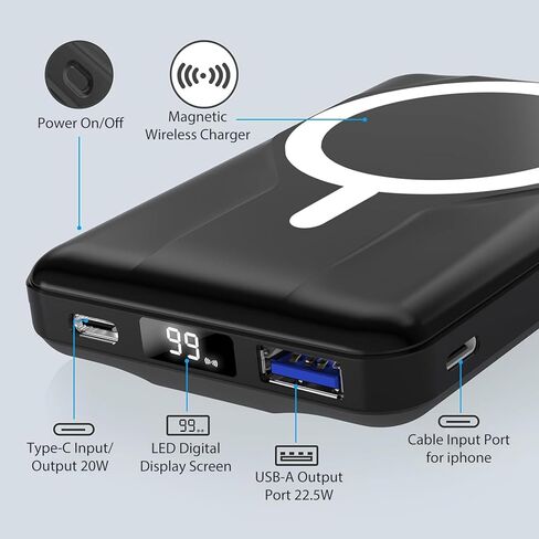 بنك طاقة مغناطيسي من Azmuth، 10000 مللي أمبير في الساعة لحزمة بطارية MagSafe، شحن سريع 22.5 وات PD، شاشة LED وحامل قابل للطي شاحن لاسلكي محمول لهاتف iPhone 17/16/15/14/13/12/Pro/Pro Max/Plus، أسود غامق in Kuwait
