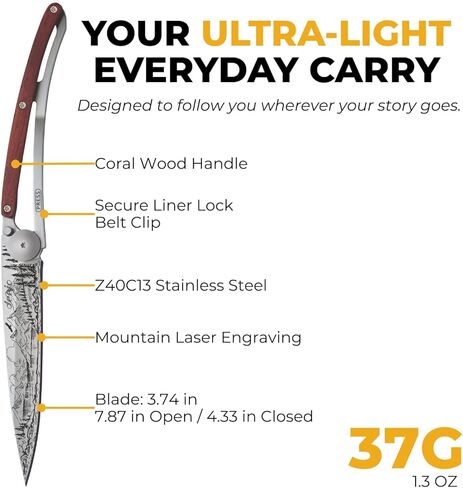 deejo - سكين جيب قابل للطي 37 جرام مع مشبك حزام - تصميم جبلي، شفرة من الفولاذ المقاوم للصدأ مقاس 3.7 بوصة، مقبض من الخشب المرجاني - خفيف الوزن للحمل اليومي للمنزل والعمل والاستخدام الخارجي in Kuwait