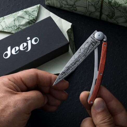 deejo - سكين جيب قابل للطي 37 جرام مع مشبك حزام - تصميم جبلي، شفرة من الفولاذ المقاوم للصدأ مقاس 3.7 بوصة، مقبض من الخشب المرجاني - خفيف الوزن للحمل اليومي للمنزل والعمل والاستخدام الخارجي in Kuwait