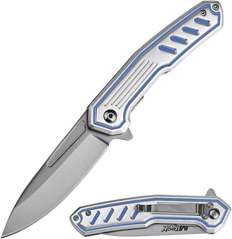 سكين جيب قابل للطي من MTECH USA، الطول الإجمالي 7.75 بوصة، شفرة نقطة قطرة مؤكسدة سوداء، مقبض ألومنيوم أزرق in Kuwait