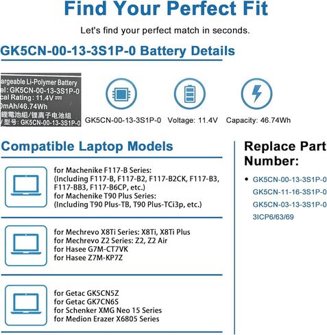 GK5CN-00-13-3S1P-0 Laptop Battery Replacement for Getac GK5CN4Z GK5CN5Z GK5CN6Z GK5CQ7Z GK5CN4Z GK6Z5CN GK7CN6S Series Notebook11.4V 46.74Wh 4100mah in Kuwait