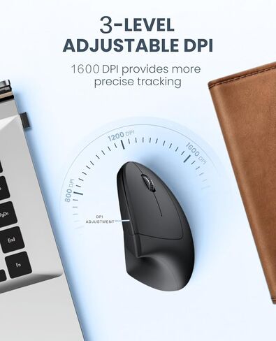 ماوس عمودي لاسلكي 2.4 جيجا، فأرة بصرية مريحة قابلة لإعادة الشحن: 3 مستويات DPI قابلة للتعديل 800/1200/1600 و6 أزرار، لأجهزة الكمبيوتر المحمول والكمبيوتر الشخصي والكمبيوتر المكتبي والكمبيوتر المحمول وما إلى ذلك، أسود in Kuwait