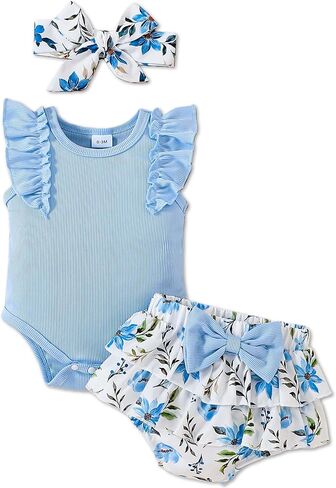Newborn Baby Girl Clothes Infant Outfits Summer Shorts Set Floral Romper+Cute Baby Skirt +Headband in Saudi Arabia