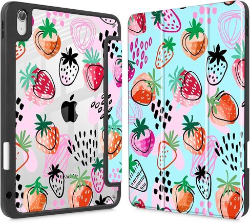 for iPad Air 11 Inch Case 7th/6th Gen (M3/M2) 2025/2024, for iPad Air 5th/4th Gen Case 10.9 Inch 2022/2020, Slim Stand Protective Cover with Hard Clear Back Shell Cover, Hand Drawn Strawberry in Saudi Arabia