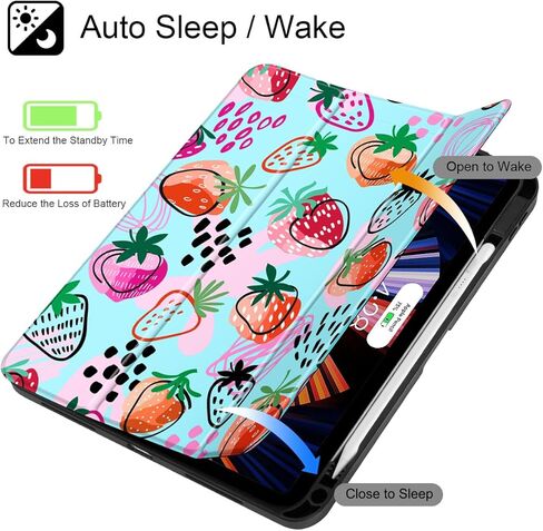 for iPad Air 11 Inch Case 7th/6th Gen (M3/M2) 2025/2024, for iPad Air 5th/4th Gen Case 10.9 Inch 2022/2020, Slim Stand Protective Cover with Hard Clear Back Shell Cover, Hand Drawn Strawberry in Saudi Arabia