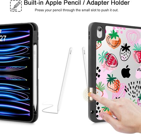 for iPad Air 11 Inch Case 7th/6th Gen (M3/M2) 2025/2024, for iPad Air 5th/4th Gen Case 10.9 Inch 2022/2020, Slim Stand Protective Cover with Hard Clear Back Shell Cover, Hand Drawn Strawberry in Saudi Arabia