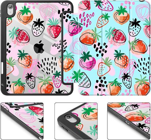for iPad Air 11 Inch Case 7th/6th Gen (M3/M2) 2025/2024, for iPad Air 5th/4th Gen Case 10.9 Inch 2022/2020, Slim Stand Protective Cover with Hard Clear Back Shell Cover, Hand Drawn Strawberry in Saudi Arabia