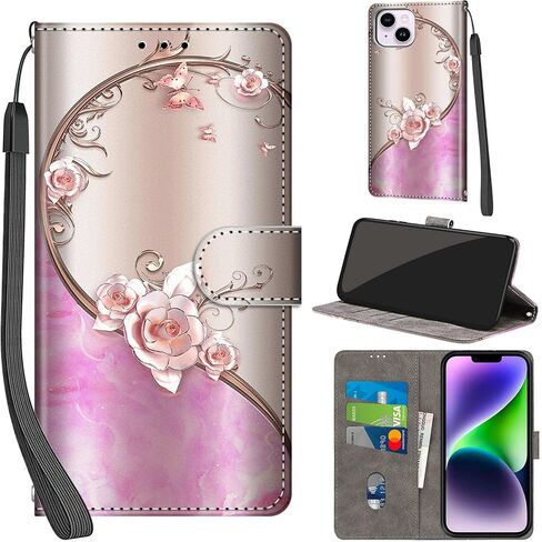 Case Wallet for iPhone 14 Plus, with [3 Card Slots], Kickstand Magnetic Closure PU Leather Shockproof Protective Flip Cover 6.7", Pink Rose in Saudi Arabia