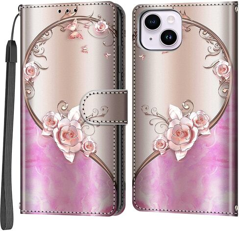 Case Wallet for iPhone 14 Plus, with [3 Card Slots], Kickstand Magnetic Closure PU Leather Shockproof Protective Flip Cover 6.7", Pink Rose in Saudi Arabia