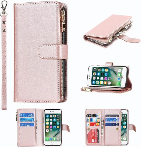 Jaorty Compatible with iPhone 7 Plus/iPhone 8 Plus Wallet Case,[9 Card Slots] [Wrist Strap] [Stand Feature] Zipper Cash Pocket Magnetic Leather Cover Shockproof Case for iPhone 7 Plus,5.5" Purple in Saudi Arabia