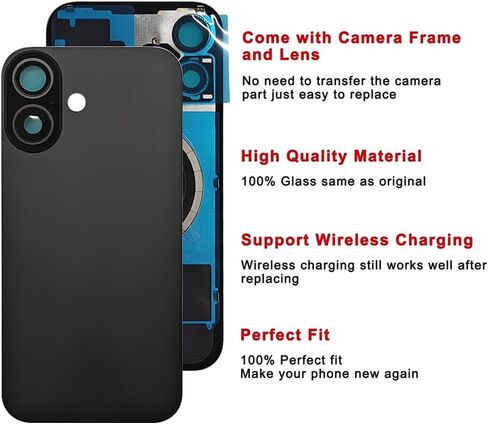 قطعة واحدة 2IN1 غطاء خلفي خلفي زجاجي بديل لهاتف iPhone 16 Plus غطاء بطارية زجاجي للوحة الباب غطاء استبدال فتحة كبيرة مع أجزاء صغيرة لوحة معدنية مغناطيسية (وردي) in Saudi Arabia