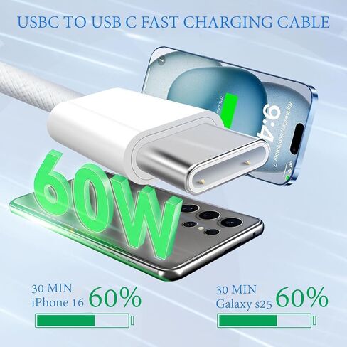 6FT Pack of 2-60W USB C to USB C Fast Charger Cable-2M Long PD (3A) Nylon Braided Type C Data Cable for Apple iPhone 17 16 15 Pro Max Plus,MacBook Air Ipad Pro, Samsung Galaxy S24 S25 Ultra in Saudi Arabia
