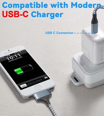 Herfair 10FT USB C إلى 30Pin كابل شاحن بديل سلك شحن متوافق مع i-Phone 4/4s/3G/3GS & i-Pad 1 2 3 & i-Pod Touch 4 3 2 1، Classic/Nano Series 2 3 4 5 6 in Kuwait
