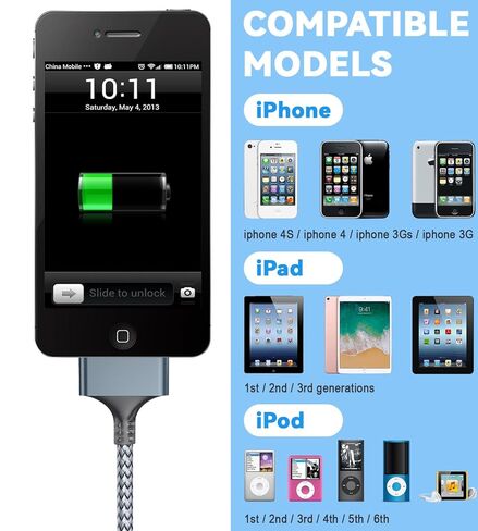 Herfair 10FT USB C إلى 30Pin كابل شاحن بديل سلك شحن متوافق مع i-Phone 4/4s/3G/3GS & i-Pad 1 2 3 & i-Pod Touch 4 3 2 1، Classic/Nano Series 2 3 4 5 6 in Kuwait