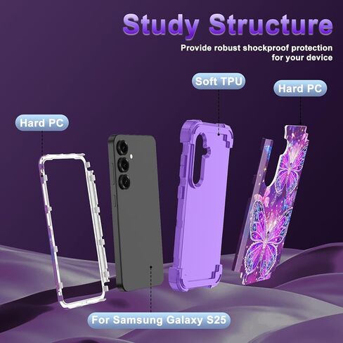 Rancase for Galaxy S25 Case,Three Layer Heavy Duty Shockproof Protection Hard Plastic Bumper +Soft Silicone Rubber Protective Case for Samsung Galaxy S25,Glow in The Dark-Purple in Saudi Arabia