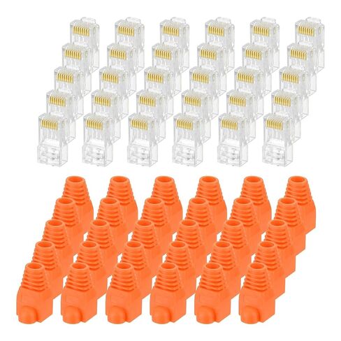 MECCANIXITY 30pcs Cat6 RJ45 Pass Through Connectors, RJ45 Connector 8P8C Gold Plated Plugs with 30pcs Orange Strain Relief Boots for Solid or Stranded UTP Ethernet Cable, 1.1mm in Saudi Arabia