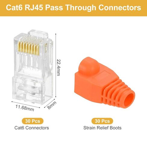 MECCANIXITY 30pcs Cat6 RJ45 Pass Through Connectors, RJ45 Connector 8P8C Gold Plated Plugs with 30pcs Orange Strain Relief Boots for Solid or Stranded UTP Ethernet Cable, 1.1mm in Saudi Arabia