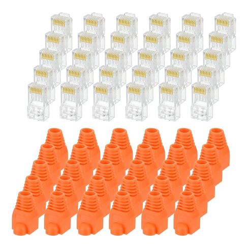 MECCANIXITY 100 قطعة Cat6 RJ45 تمر عبر الموصلات، موصل RJ45 8P8C مقابس مطلية بالذهب مع 100 قطعة من أحذية تخفيف الضغط البرتقالية لكابل إيثرنت UTP الصلب أو المجدول، 1.1 مم in Kuwait