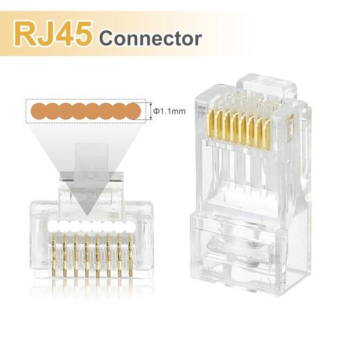 MECCANIXITY 100 قطعة Cat6 RJ45 تمر عبر الموصلات، موصل RJ45 8P8C مقابس مطلية بالذهب مع 100 قطعة من أحذية تخفيف الضغط البرتقالية لكابل إيثرنت UTP الصلب أو المجدول، 1.1 مم in Kuwait