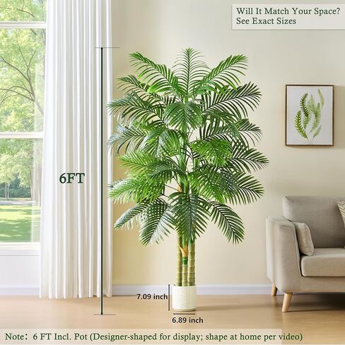 TNGGNT شجرة نخيل القصب الذهبي الاصطناعي: 6T وهمية كبيرة من أشجار نخيل الأريكا الاستوائية الطويلة نبات حرير صناعي طويل القامة في وعاء أبيض مع جذوع ثلاثية مزخرفة واقعية للمكتب في الهواء الطلق ديكور المنزل بهو الفندق in Kuwait