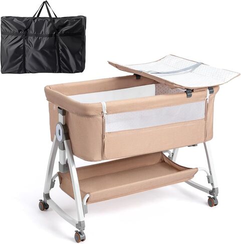 JOYMOR Baby Bassinet with Changing Table, Bedside Bassinet for Baby with Comfy Mattress and Wheels, 6 Height Adjustable Easy Folding Portable Bedside Crib for Newborn (Beige) in Saudi Arabia