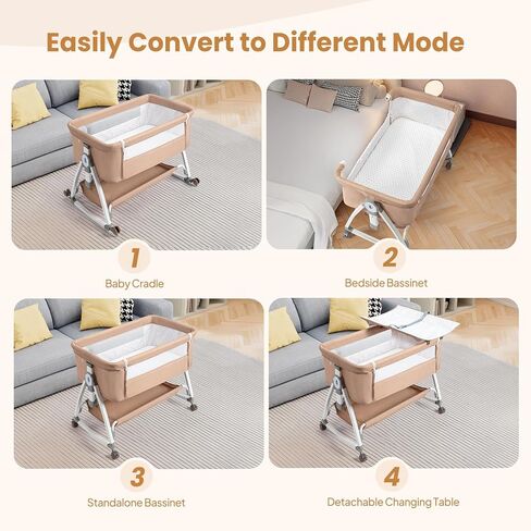 JOYMOR Baby Bassinet with Changing Table, Bedside Bassinet for Baby with Comfy Mattress and Wheels, 6 Height Adjustable Easy Folding Portable Bedside Crib for Newborn (Beige) in Saudi Arabia