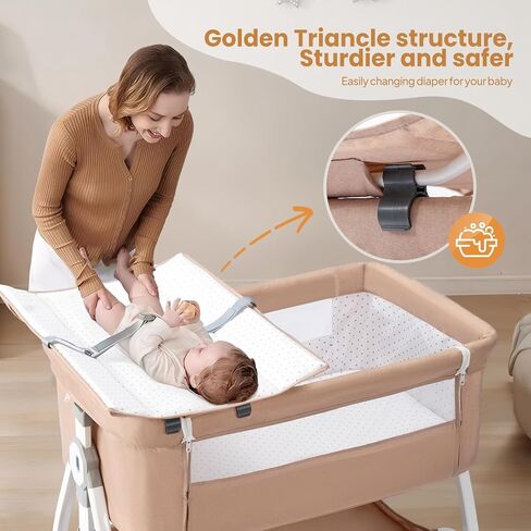 JOYMOR Baby Bassinet with Changing Table, Bedside Bassinet for Baby with Comfy Mattress and Wheels, 6 Height Adjustable Easy Folding Portable Bedside Crib for Newborn (Beige) in Saudi Arabia