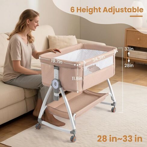 JOYMOR Baby Bassinet with Changing Table, Bedside Bassinet for Baby with Comfy Mattress and Wheels, 6 Height Adjustable Easy Folding Portable Bedside Crib for Newborn (Beige) in Saudi Arabia