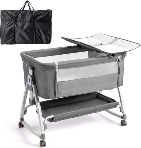 JOYMOR Baby Bassinet with Changing Table, Bedside Bassinet for Baby with Comfy Mattress and Wheels, 6 Height Adjustable Easy Folding Portable Bedside Crib for Newborn (Beige) in Kuwait