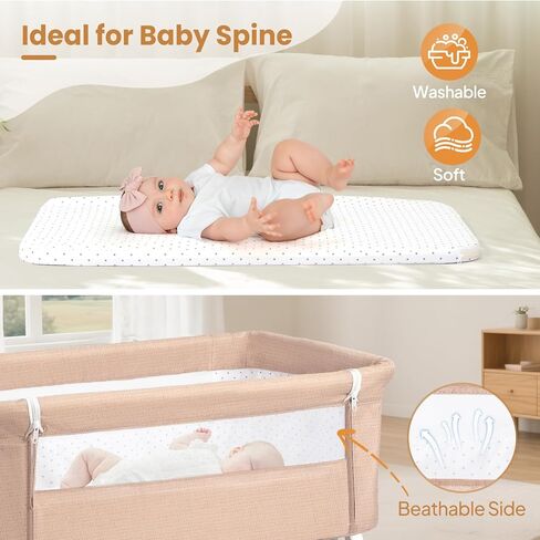 JOYMOR Baby Bassinet with Changing Table, Bedside Bassinet for Baby with Comfy Mattress and Wheels, 6 Height Adjustable Easy Folding Portable Bedside Crib for Newborn (Beige) in Saudi Arabia