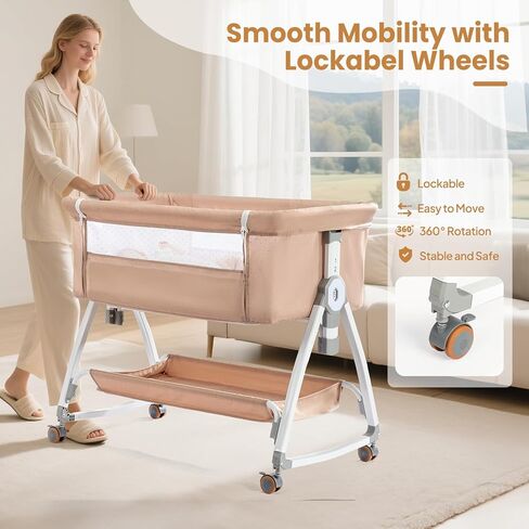 JOYMOR Baby Bassinet with Changing Table, Bedside Bassinet for Baby with Comfy Mattress and Wheels, 6 Height Adjustable Easy Folding Portable Bedside Crib for Newborn (Beige) in Saudi Arabia