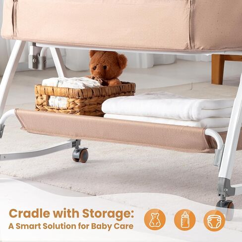JOYMOR Baby Bassinet with Changing Table, Bedside Bassinet for Baby with Comfy Mattress and Wheels, 6 Height Adjustable Easy Folding Portable Bedside Crib for Newborn (Beige) in Saudi Arabia