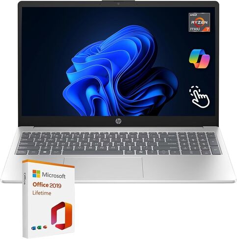 HP 15.6" FHD IPS Touchscreen Laptop, AMD Ryzen 7 7730U, 16GB RAM, 1TB SSD, AMD Radeon Graphics, Windows 11 Pro, Wi-Fi 6, Long Battery Life, Office 2019 Lifetime License, Natural Silver in Saudi Arabia