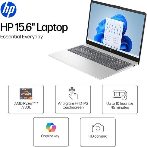 HP 15.6" FHD IPS Touchscreen Laptop, AMD Ryzen 7 7730U, 16GB RAM, 1TB SSD, AMD Radeon Graphics, Windows 11 Pro, Wi-Fi 6, Long Battery Life, Office 2019 Lifetime License, Natural Silver in Saudi Arabia