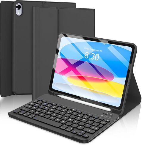 حافظة لوحة مفاتيح لجهاز iPad (A16) الجيل الحادي عشر/العاشر مقاس 11&10.9 بوصة مع حامل أقلام، غطاء لوحة مفاتيح بلوتوث لاسلكي قابل للفصل المغناطيسي لجهاز iPad الجيل 11/10 2025/2022 - أسود in Kuwait