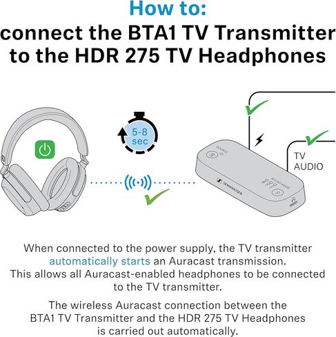 سماعات تلفزيون Sennheiser RS ​​255 - سماعات رأس بلوتوث وحزمة جهاز الإرسال - سماعات رأس لاسلكية ذات زمن وصول منخفض مع صوت محيطي افتراضي ووضوح الكلام وتقنية Auracast - بطارية 50 ساعة in Kuwait