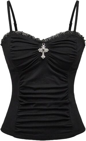 Verdusa Women's Gothic Lace Y2k Cami Top Ruched Slim Fit Camisole Sleeveless Going Out Tops in Saudi Arabia