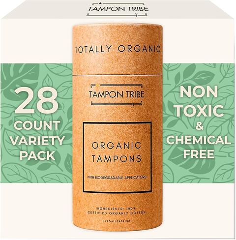 Tampon Tribe Variety Pack Organic Tampons for Women | 28 Non-Toxic Tampons | Natural 100% Organic Cotton, Hypoallergenic, Chemical and Metal-Free with Biodegradable Applicator | (28 Count - Variety) in Kuwait