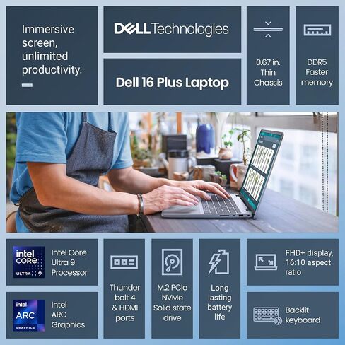 Dell 16 Plus Laptop Touchscreen Computer, 16" FHD+ Touch Screen Business Laptop PC, Intel Core Ultra 9 for Gaming & AI, 32GB DDR5 1TB SSD, Windows 11 Pro,Backlit Keyboard 10-Key,Wi-Fi 7,Thunderbolt in Kuwait