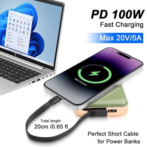 كابل USB C قصير بزاوية يمين PD 100W شحن سريع 90 درجة USB C إلى USBC سلك شحن رفيع جدًا من النوع C ذكر إلى ذكر كابل قصير للهاتف 16/15، والأجهزة اللوحية، والسيارات، والمزيد 7.87 بوصة in Kuwait