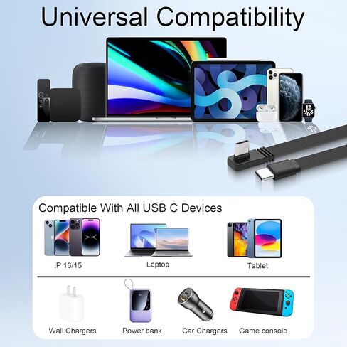 كابل USB C قصير بزاوية يمين PD 100W شحن سريع 90 درجة USB C إلى USBC سلك شحن رفيع جدًا من النوع C ذكر إلى ذكر كابل قصير للهاتف 16/15، والأجهزة اللوحية، والسيارات، والمزيد 7.87 بوصة in Kuwait