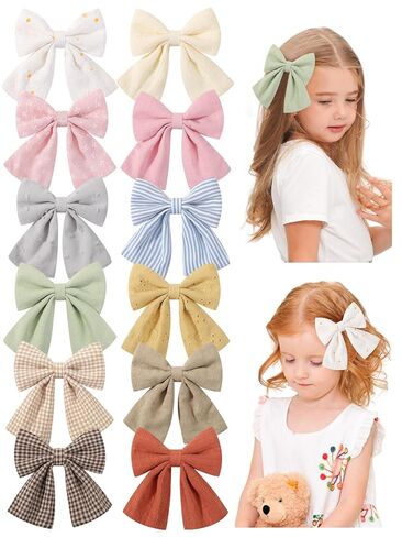 12PCS Baby Girls Hair Clips Fable Hair Bows Cotton Linen Bows for Girls Hair Accessories for Baby Toddlers Kids Light Color in Saudi Arabia