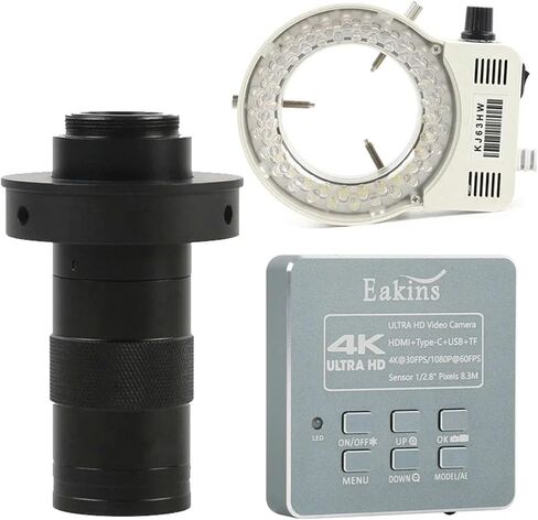 FHD 1080P 8.3MP 4K HDMI USB مختبر صناعي كاميرا فيديو مجهر رقمي + 200X 500X 130X C Mount Lens + 56 LED Ring Light (مع عدسة 105x) in Kuwait