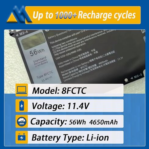 56Wh 8FCTC Laptop Battery Replacement for Dell Alienware M15 R3 R5 R4 R6 M17 R4 R3 Precision 5550 5560 XPS 15 9500 9510 G15 5520 5510 Inspiron 5620 7610 7510 Vostro 7510 11.4V 4650mAh in Saudi Arabia